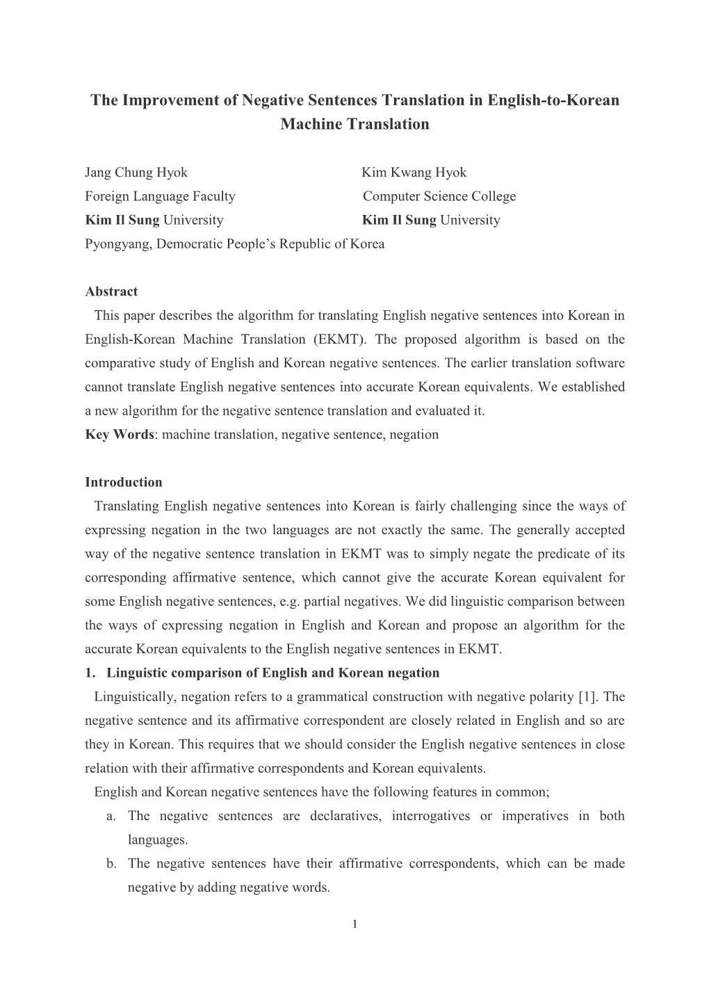 The Improvement of Negative Sentences Translation in English-To-Korean Machine Translation