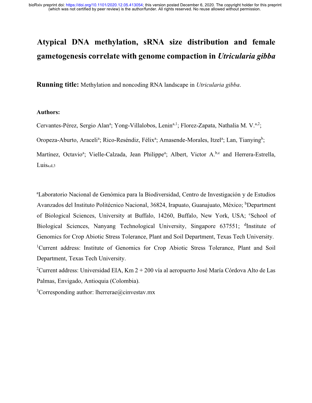 Atypical DNA Methylation, Srna Size Distribution and Female