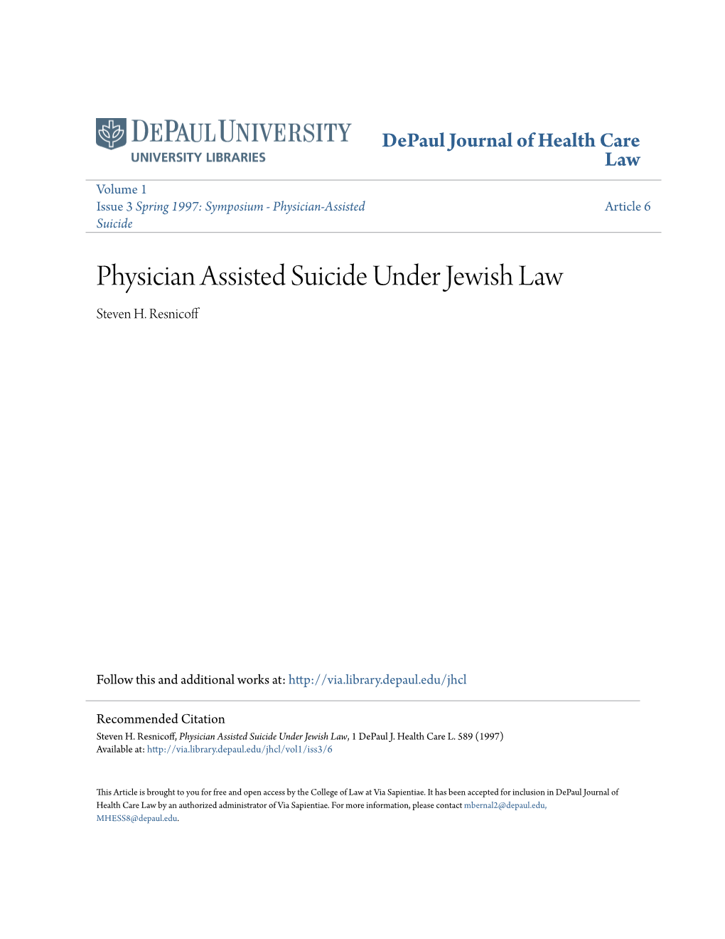 Physician Assisted Suicide Under Jewish Law Steven H