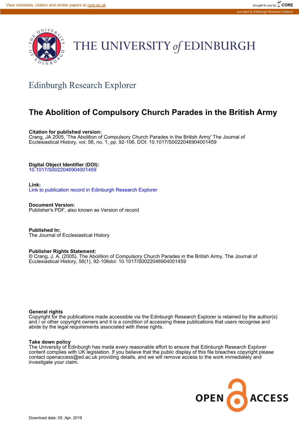 The Abolition of Compulsory Church Parades in the British Army