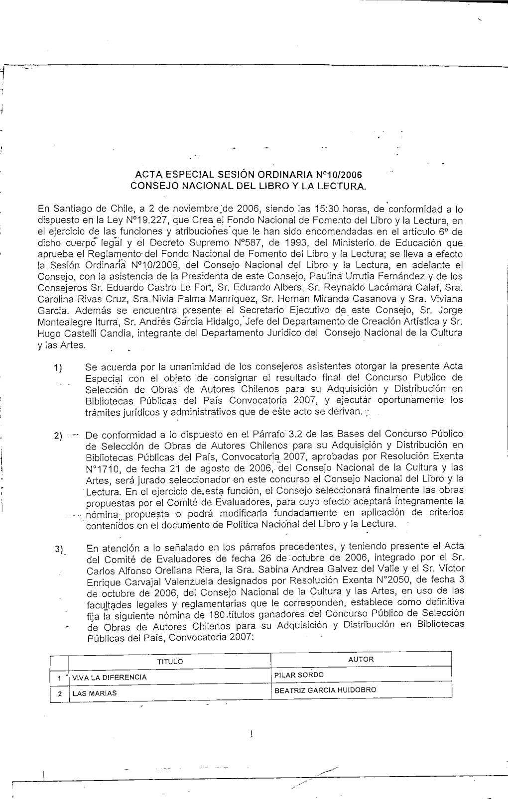 Acta Especial Sesión Ordinaria N°10/2006 Consejo Nacional Del Libro Y La Lectura