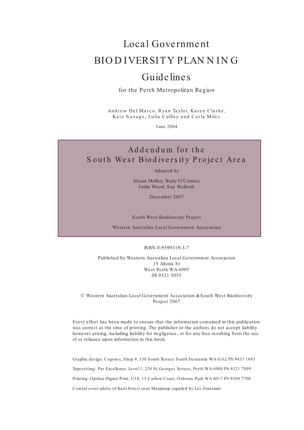 Local Government BIODIVERSITY PLANNING Guidelines for the Perth Metropolitan Region