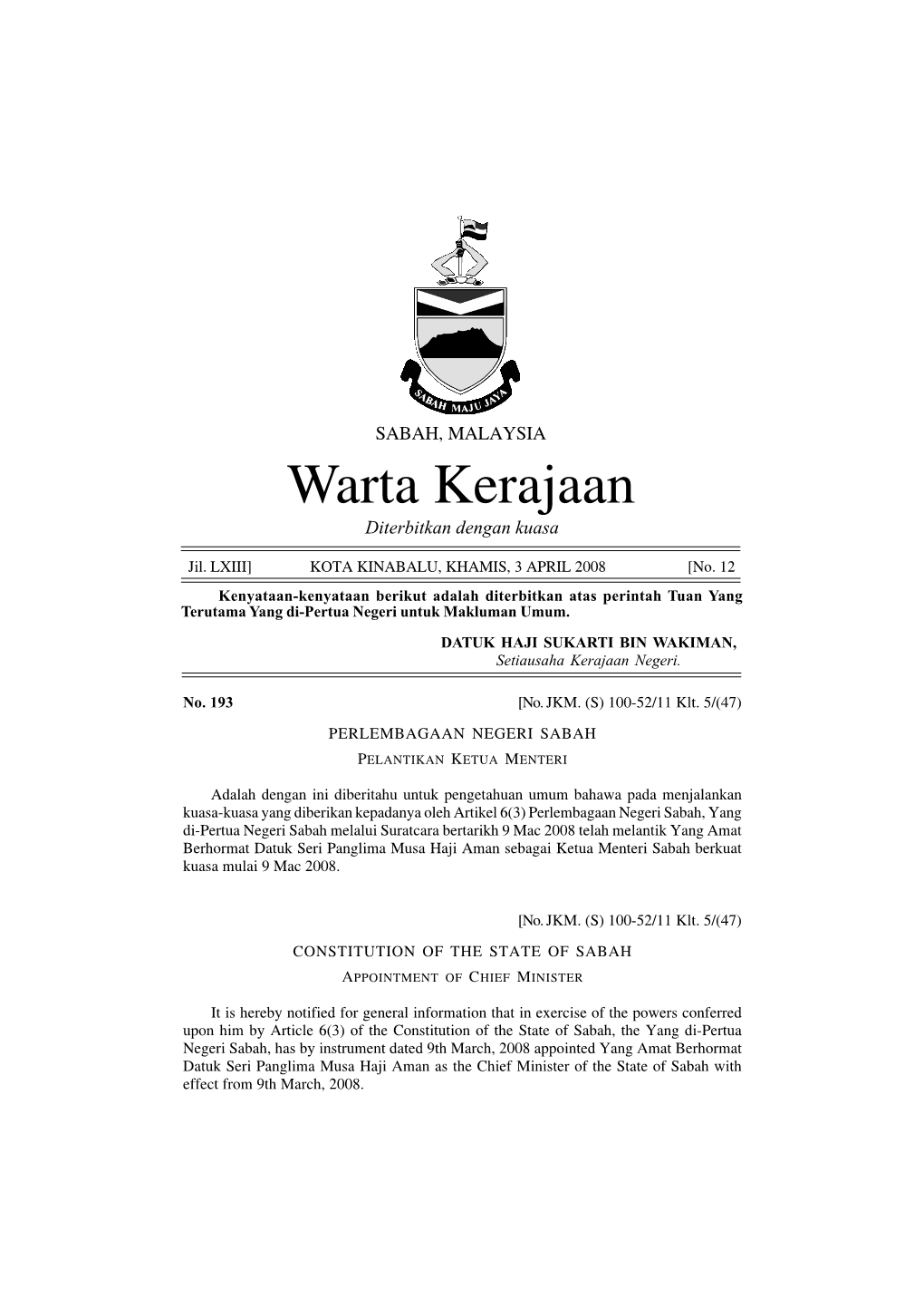 Warta Kerajaan Negeri Sabah