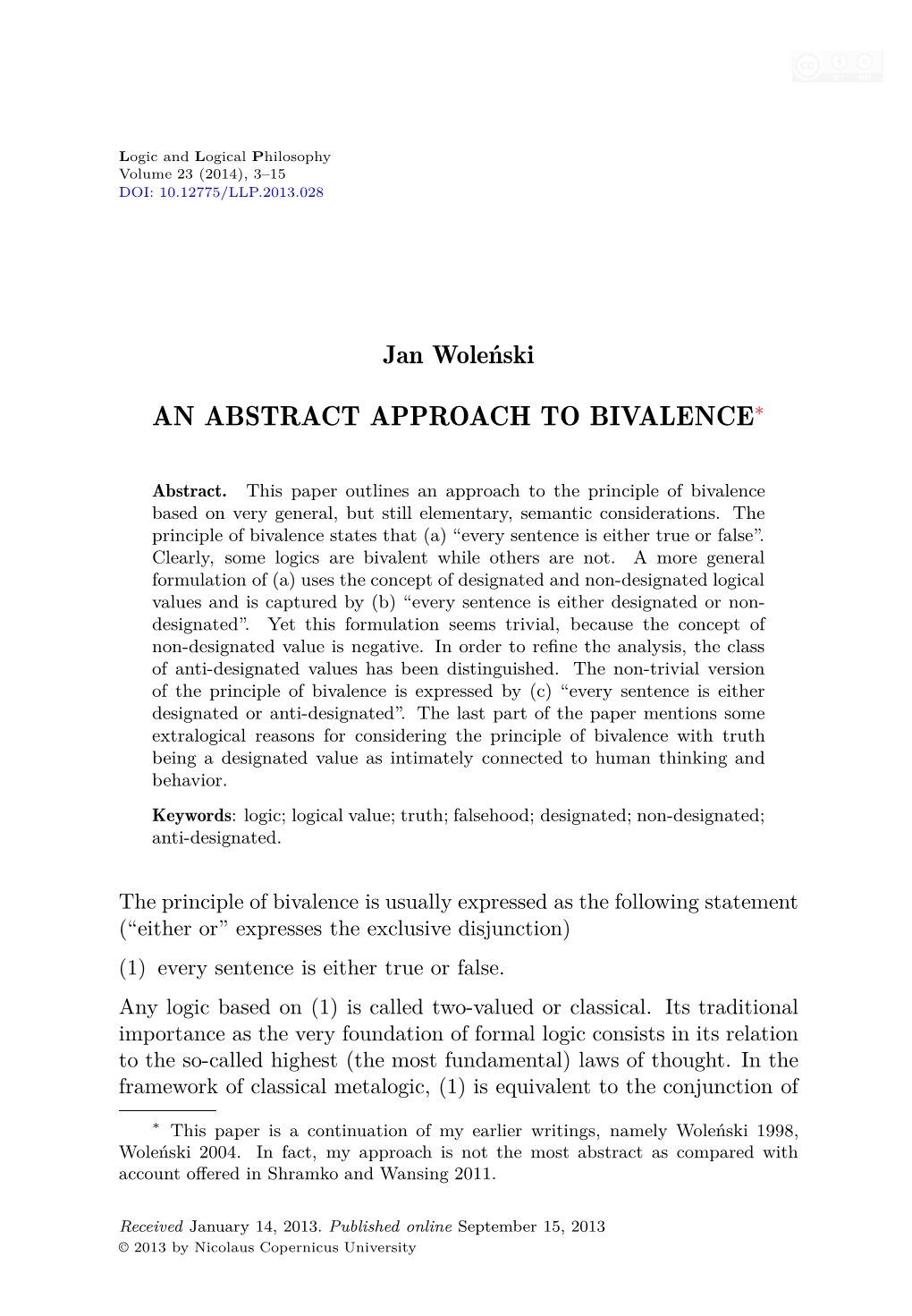 An Abstract Approach to Bivalence∗