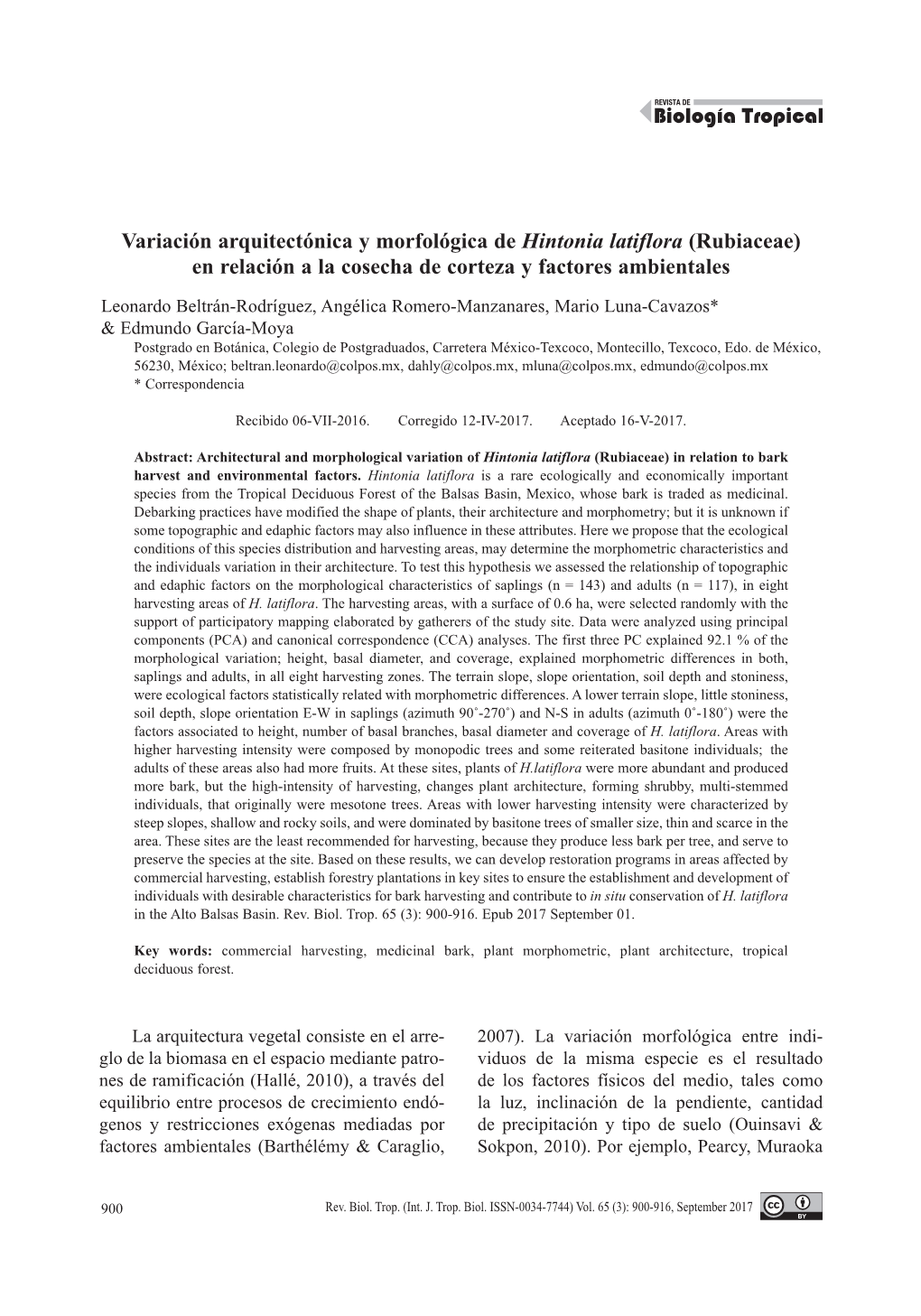 Variación Arquitectónica Y Morfológica De Hintonia Latiflora (Rubiaceae) En Relación a La Cosecha De Corteza Y Factores Ambientales