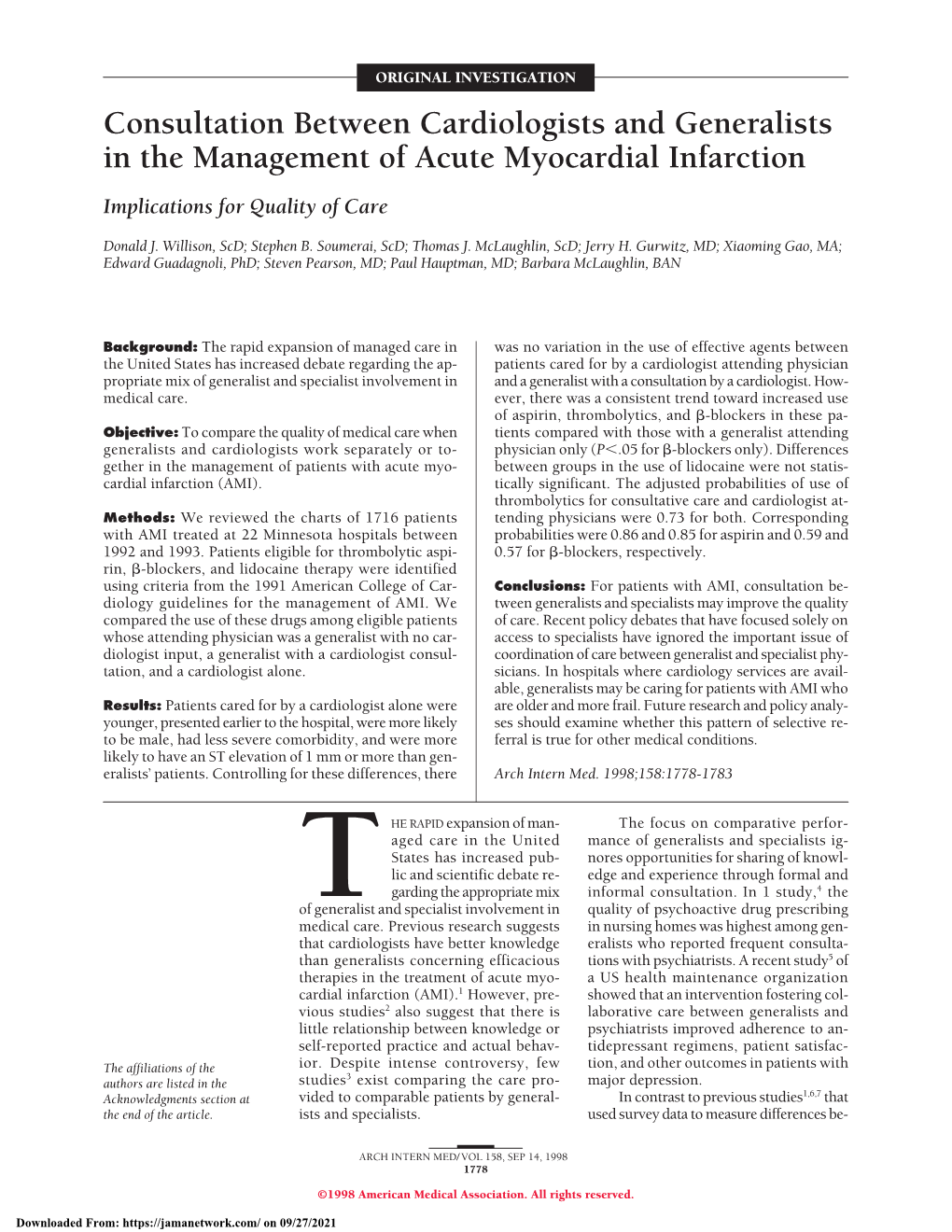 Consultation Between Cardiologists and Generalists in the Management of Acute Myocardial Infarction Implications for Quality of Care