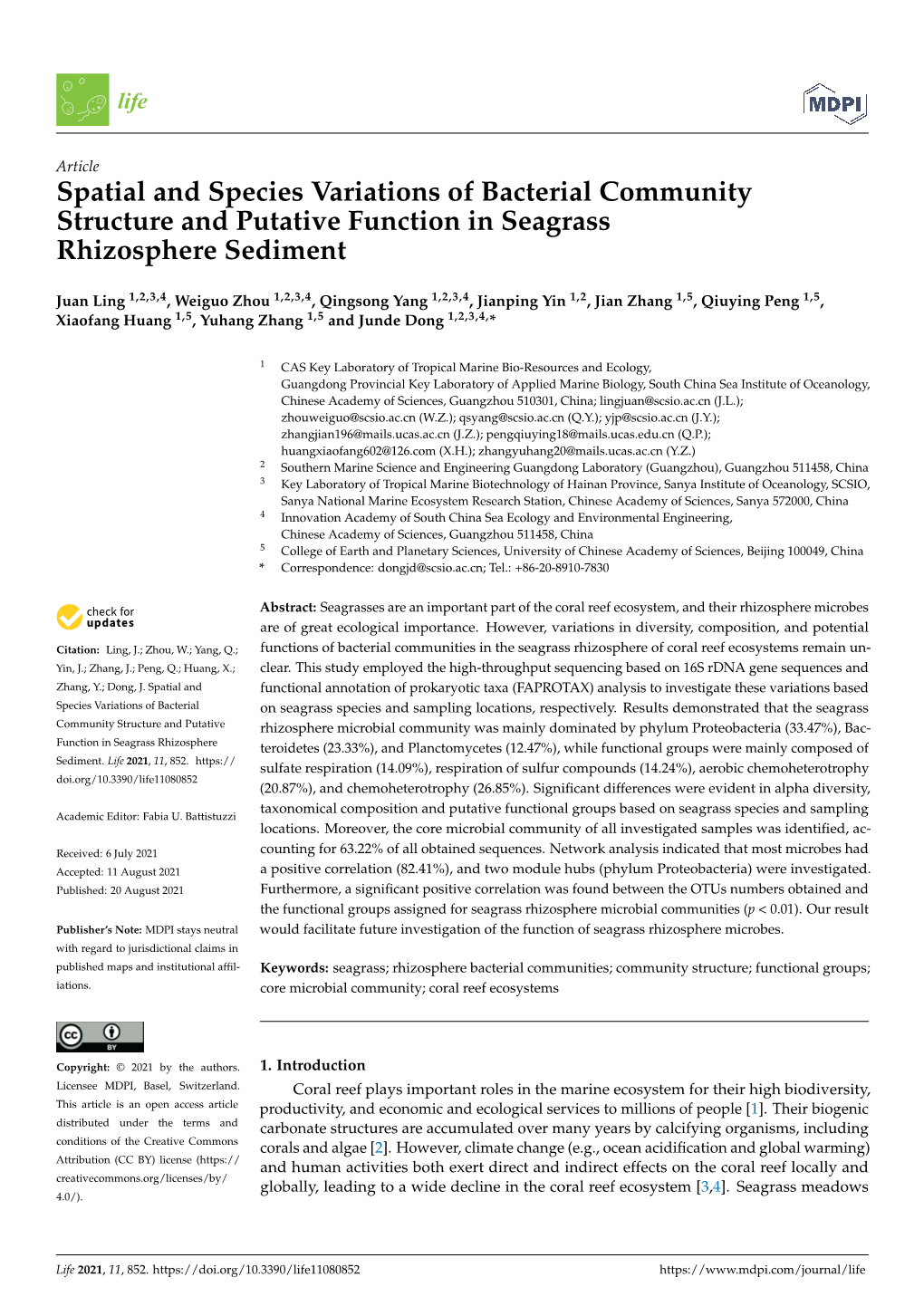 Spatial and Species Variations of Bacterial Community Structure and Putative Function in Seagrass Rhizosphere Sediment