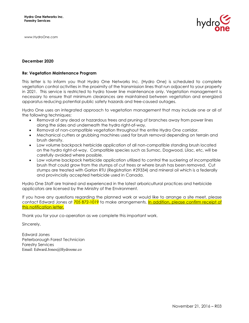 Hydro One Re: Vegetation Maintenance Program