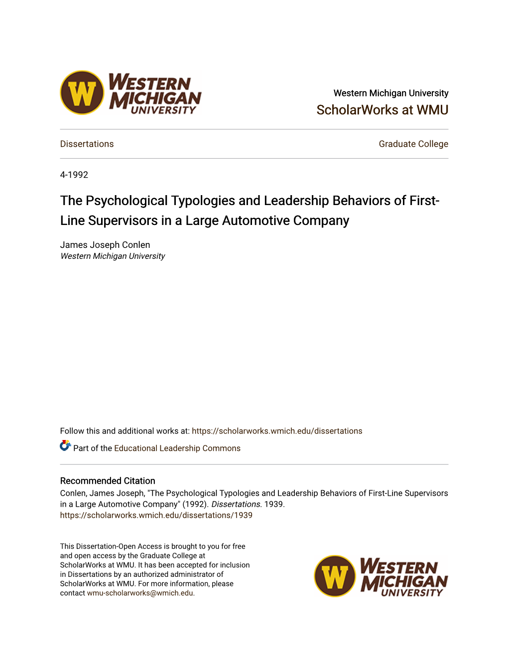 The Psychological Typologies and Leadership Behaviors of First-Line Supervisors in a Large Automotive Company" (1992)