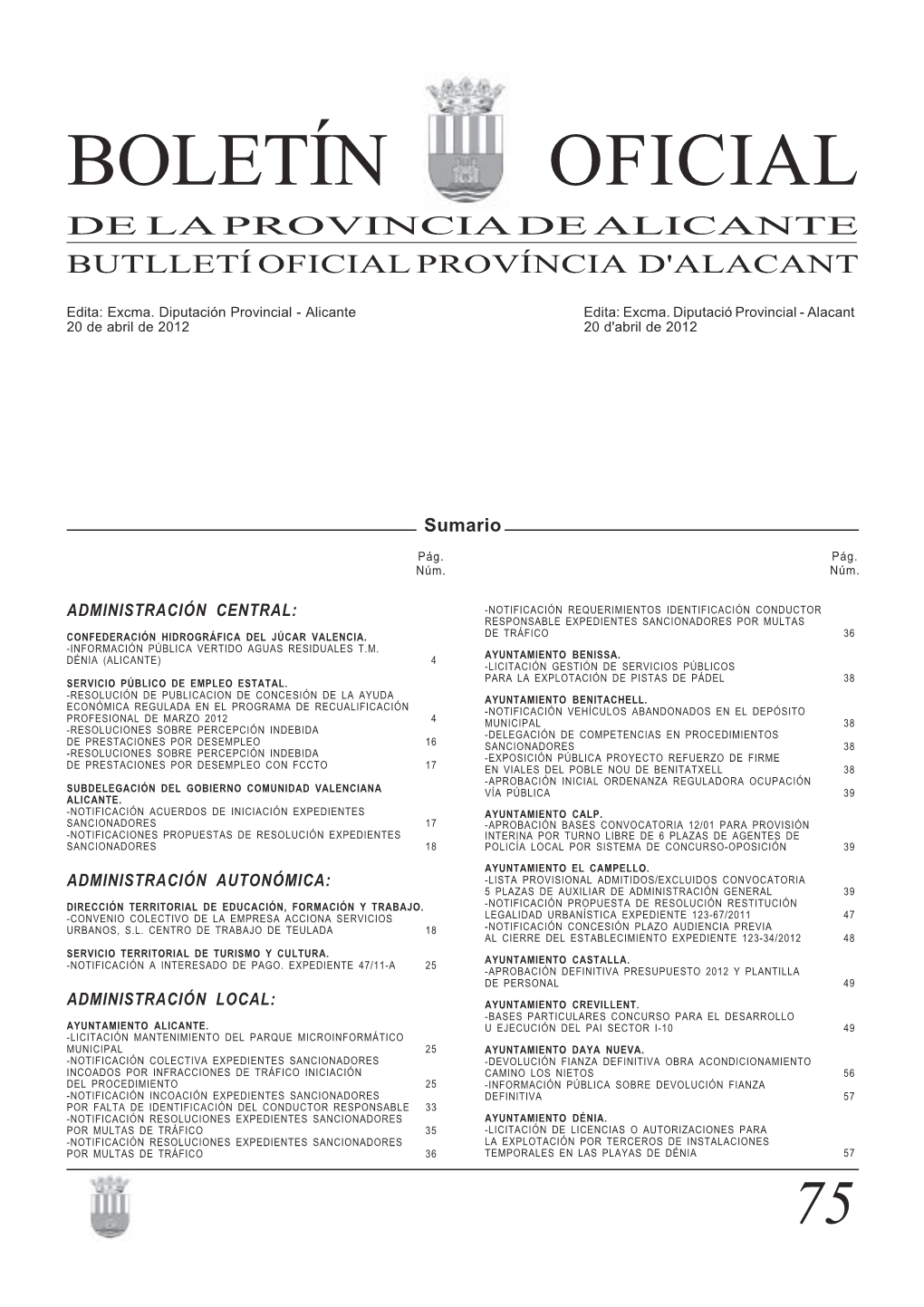 Boletín Oficial De La Provincia De Alicante Butlletí Oficial Província D'alacant