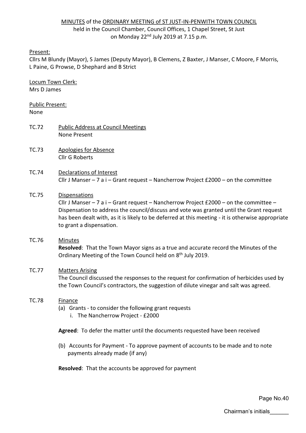 MINUTES of the ORDINARY MEETING of ST JUST-IN-PENWITH