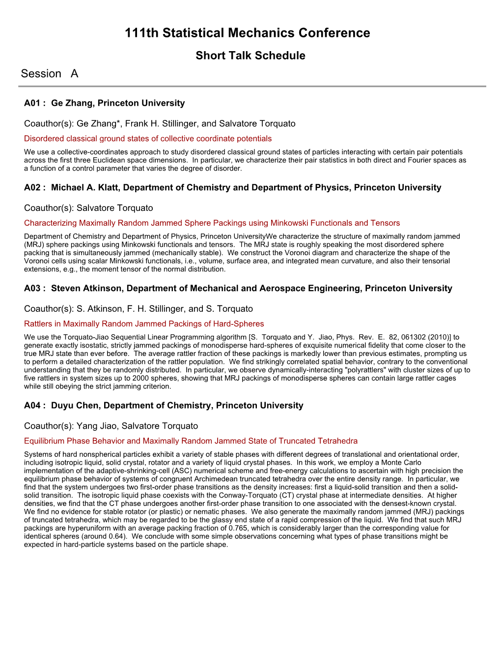 111Th Statistical Mechanics Conference Short Talk Schedule Session A