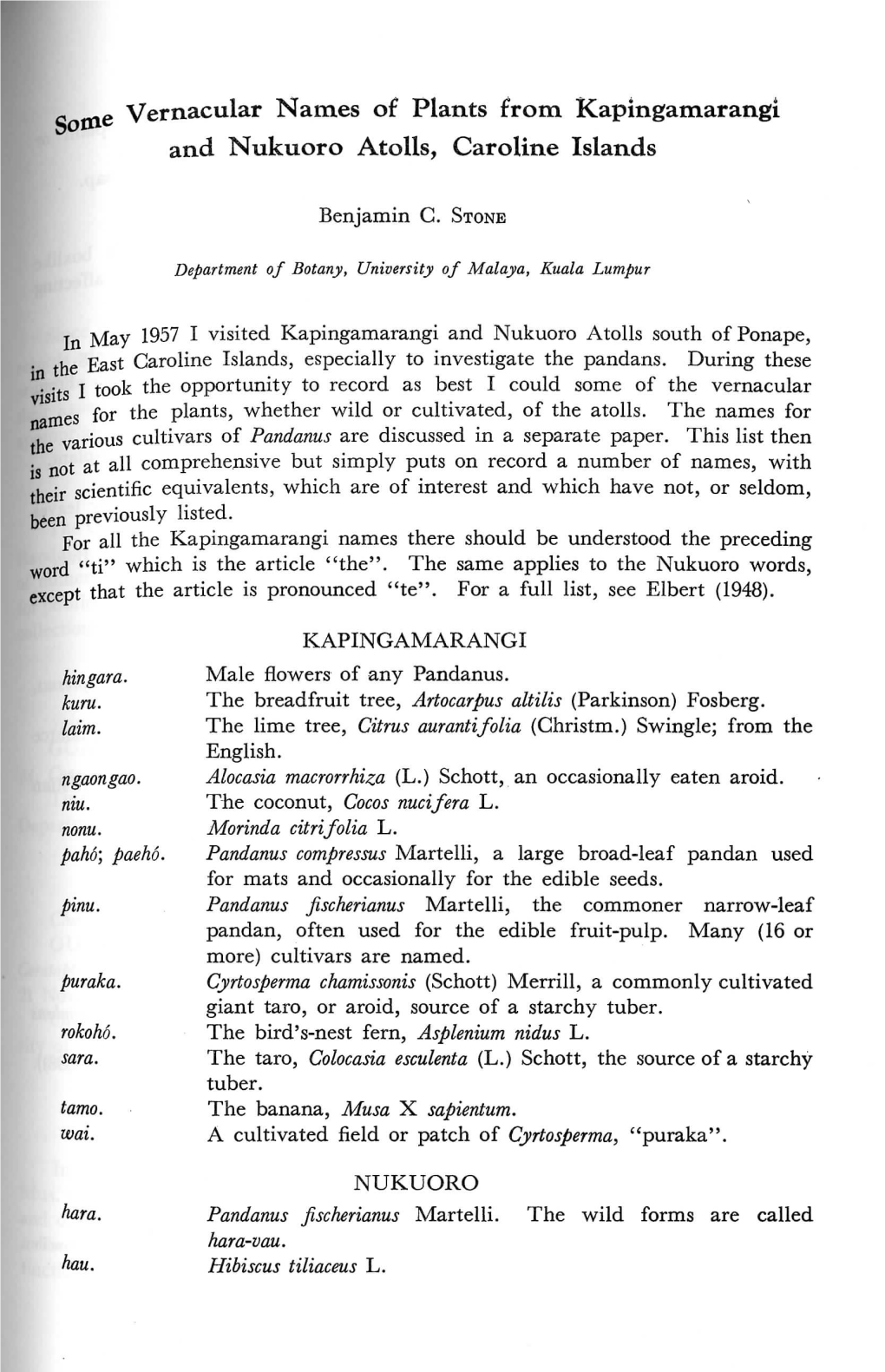 Sollle Vernacular Names of Plants from Kapingamarangi and Nukuoro Atolls, Caroline Islands