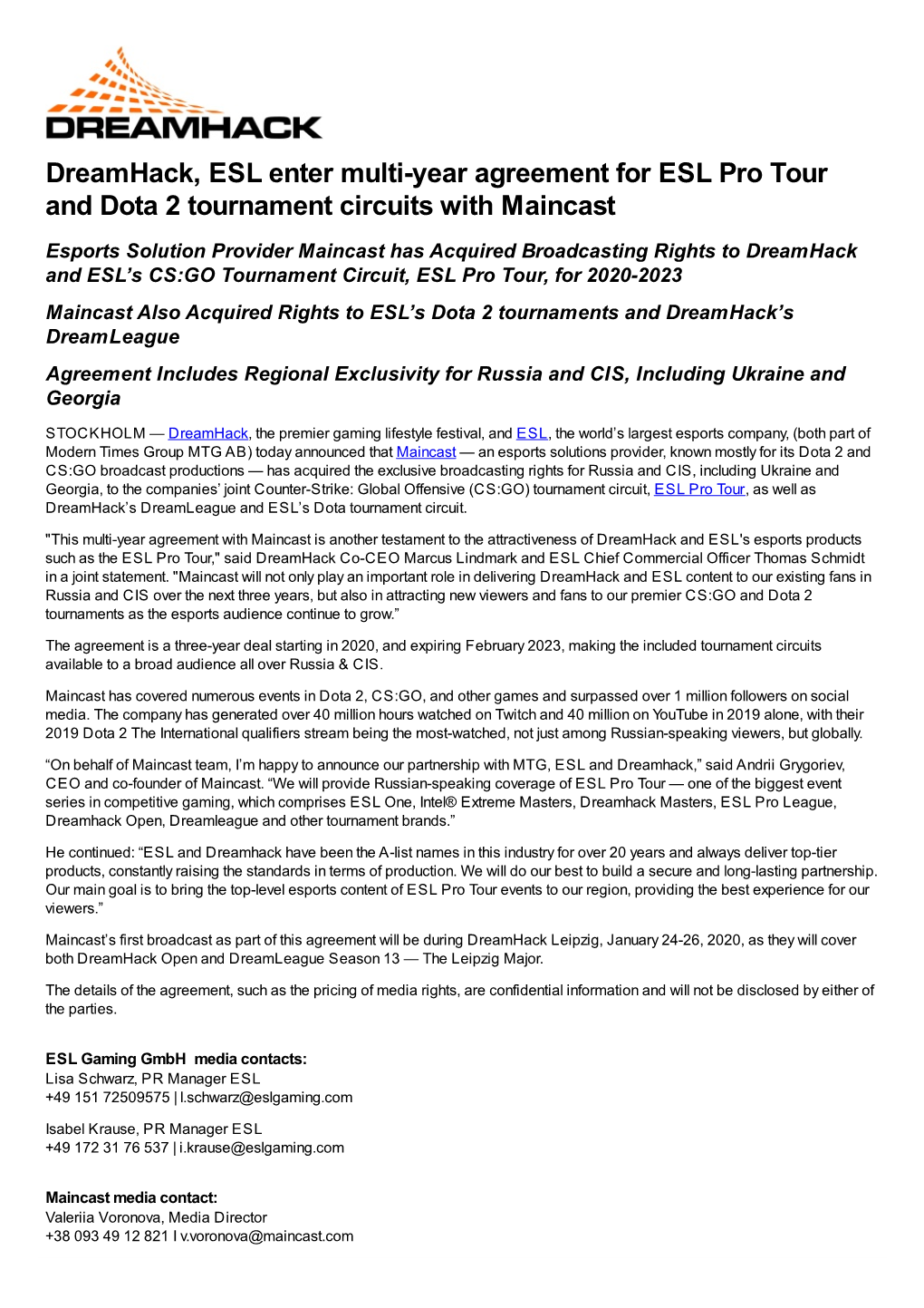 Dreamhack, ESL Enter Multi-Year Agreement for ESL Pro Tour And