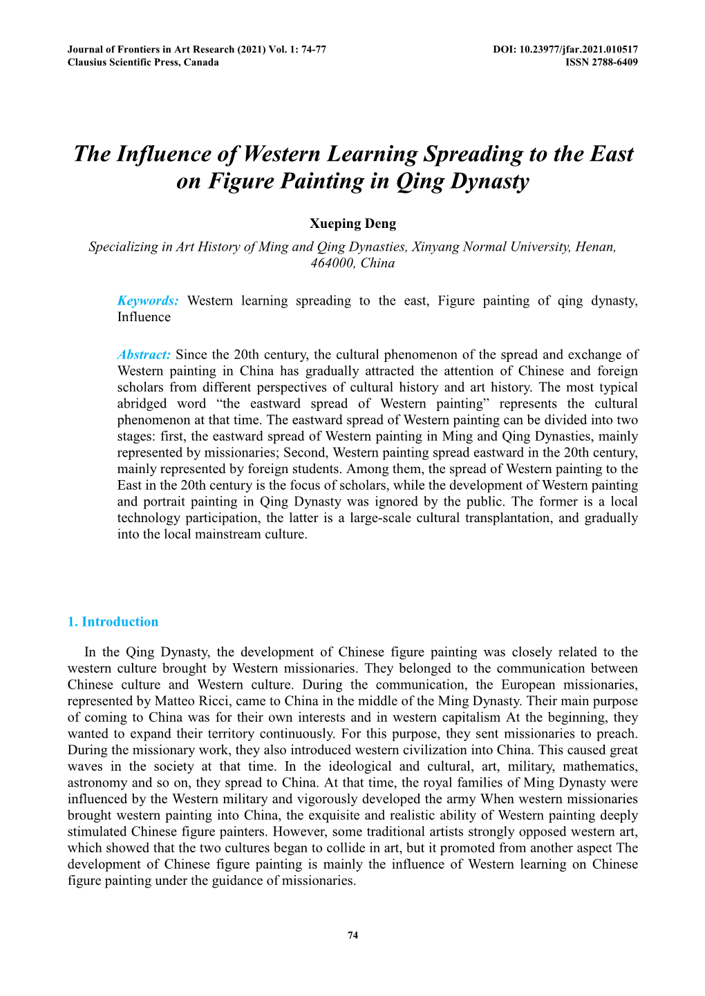 The Influence of Western Learning Spreading to the East on Figure Painting in Qing Dynasty