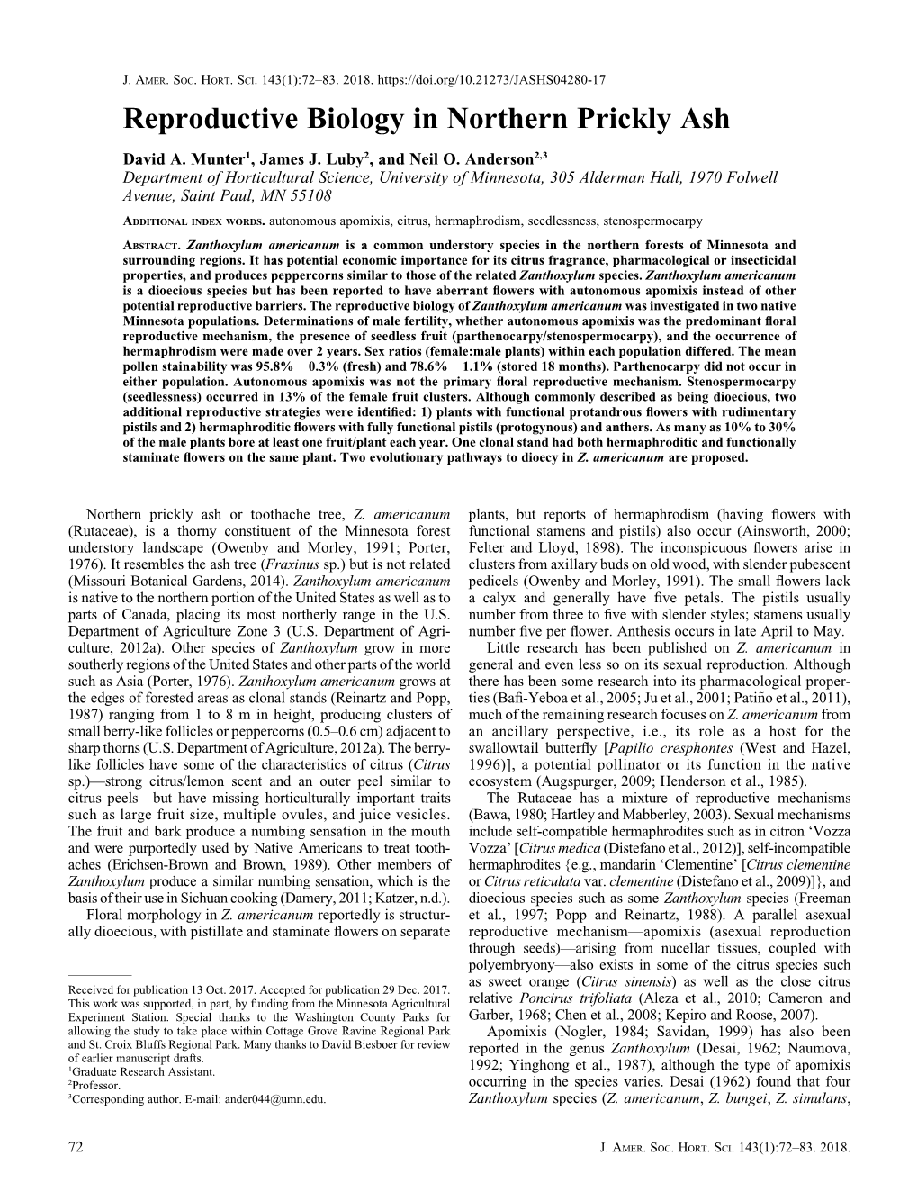 Reproductive Biology in Northern Prickly Ash