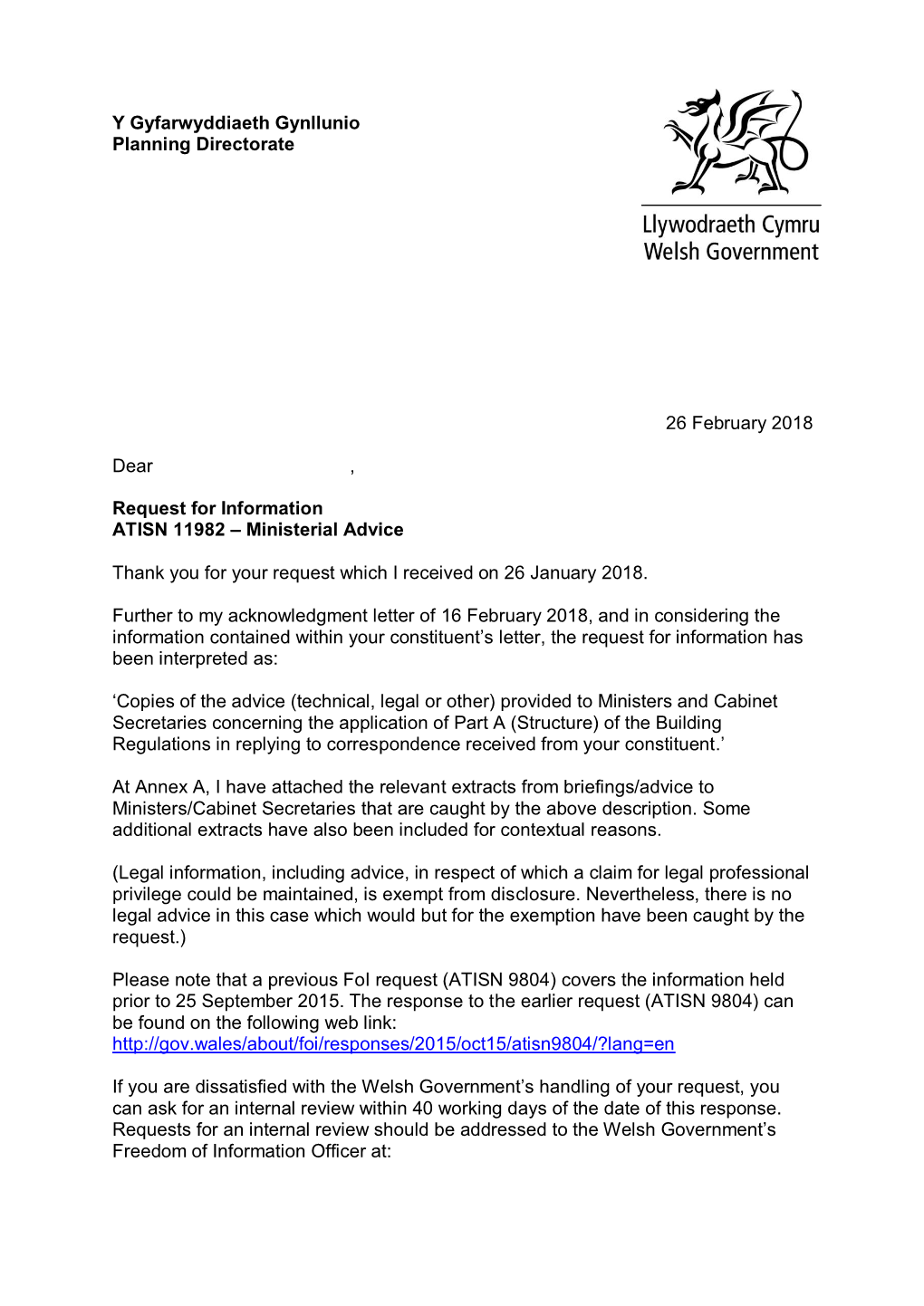 Y Gyfarwyddiaeth Gynllunio Planning Directorate 26 February 2018 Dear