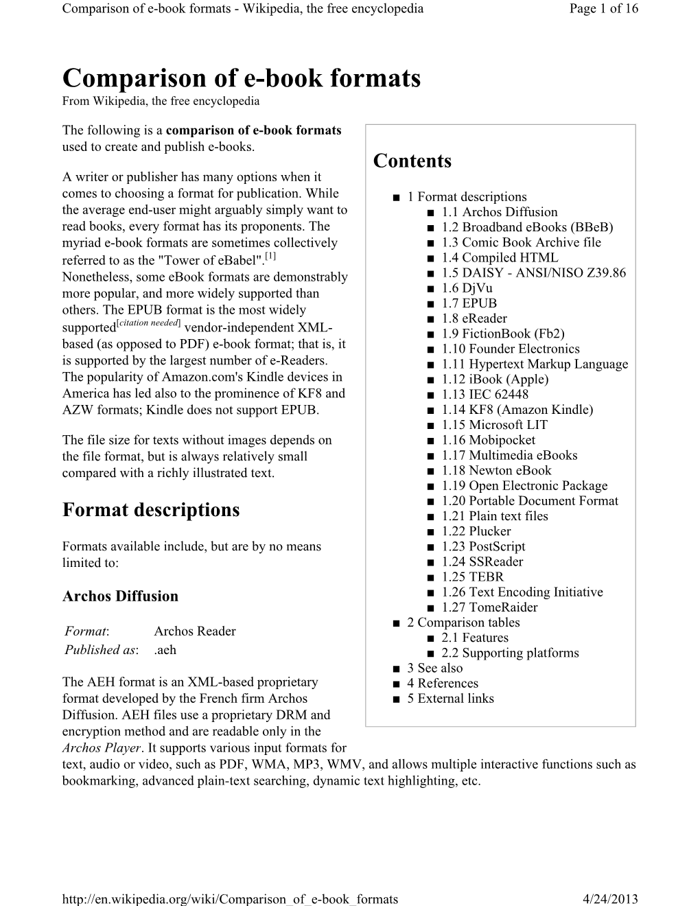 Comparison of E-Book Formats - Wikipedia, the Free Encyclopedia Page 1 of 16