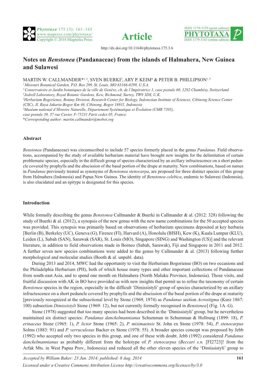 Notes on Benstonea (Pandanaceae) from the Islands of Halmahera, New Guinea and Sulawesi