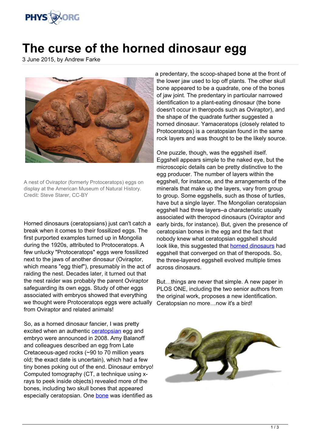 The Curse of the Horned Dinosaur Egg 3 June 2015, by Andrew Farke