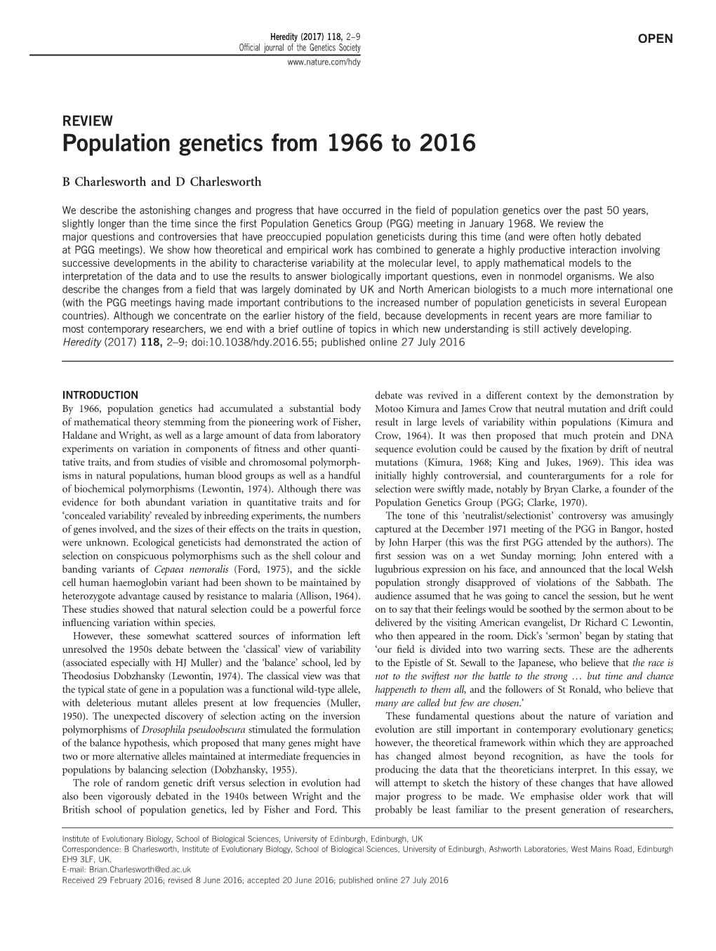 Population Genetics from 1966 to 2016