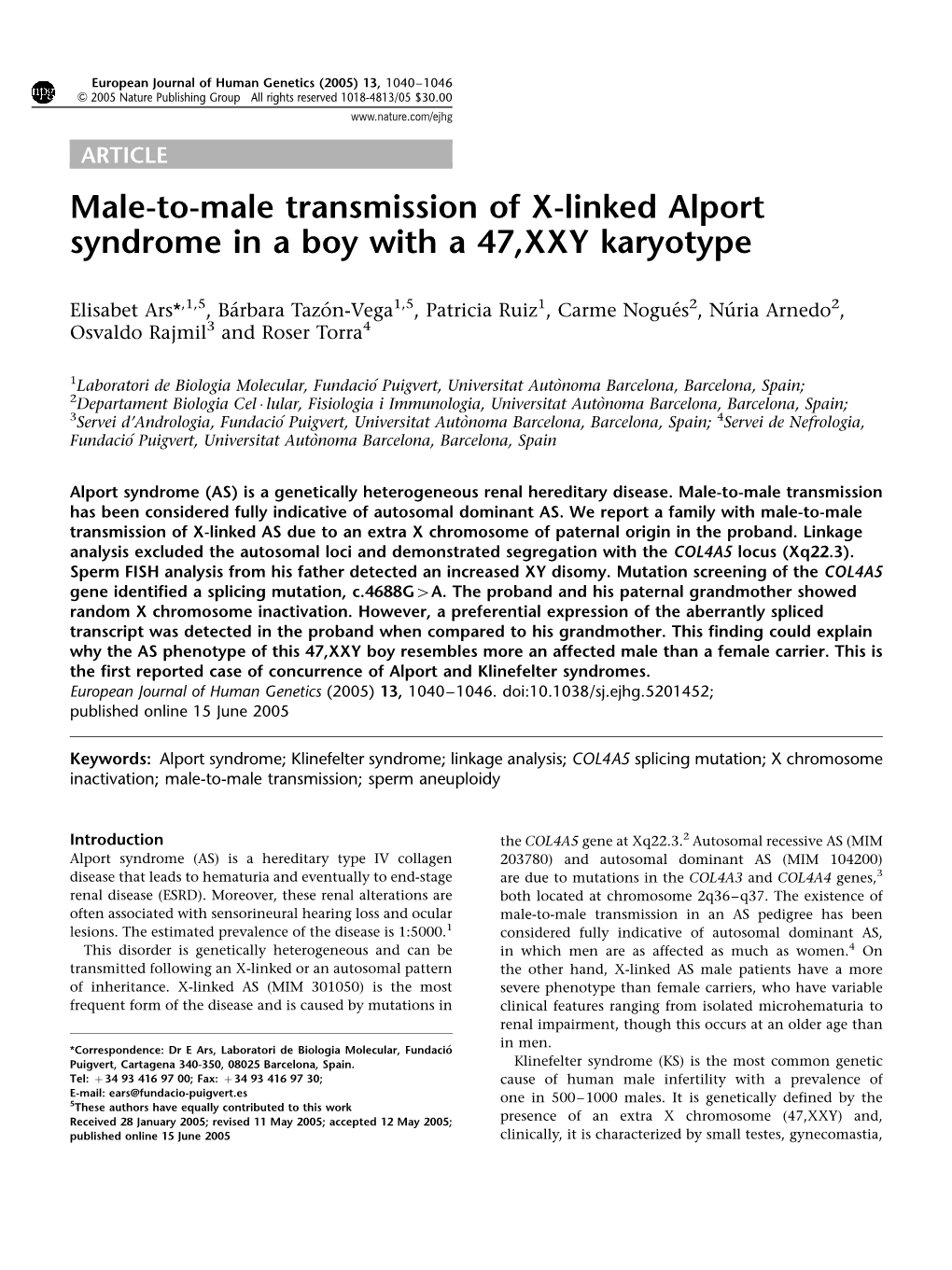 Male-To-Male Transmission of X-Linked Alport Syndrome in a Boy with a 47,XXY Karyotype