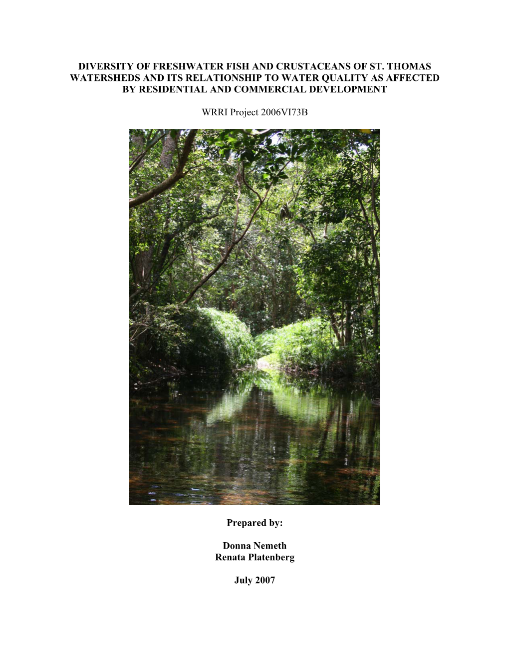 Diversity of Freshwater Fish and Crustaceans of St. Thomas Watersheds and Its Relationship to Water Quality As Affected by Residential and Commercial Development