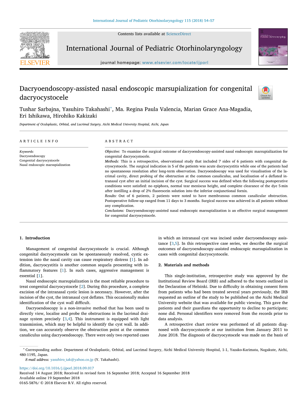 Dacryoendoscopy-Assisted Nasal Endoscopic Marsupialization for Congenital Dacryocystocele T