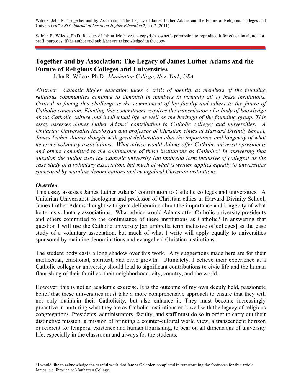 The Legacy of James Luther Adams and the Future of Religious Colleges and Universities.” AXIS: Journal of Lasallian Higher Education 2, No