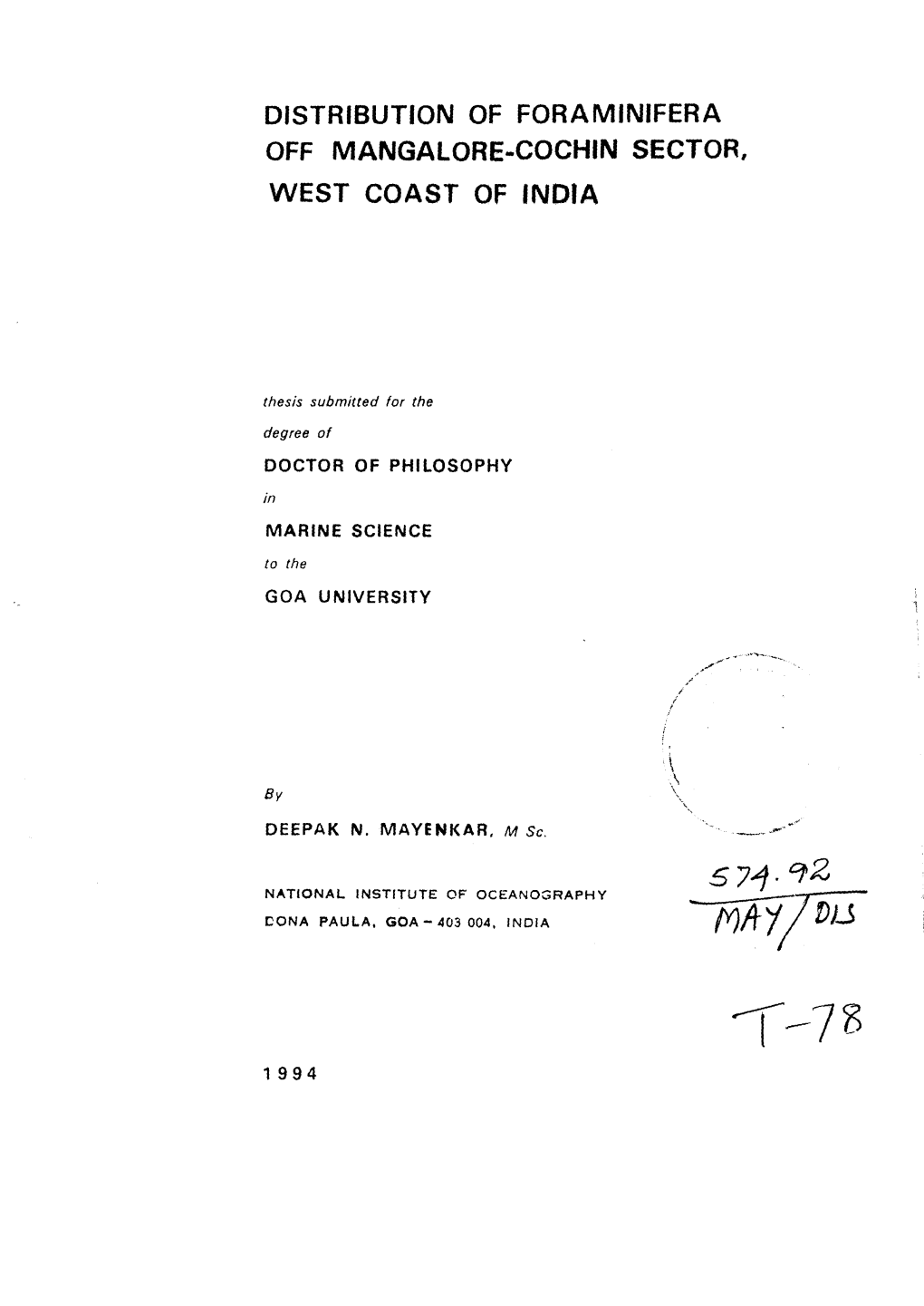 Distribution of Foraminifera Off Mangalore-Cochin Sector, West Coast of India