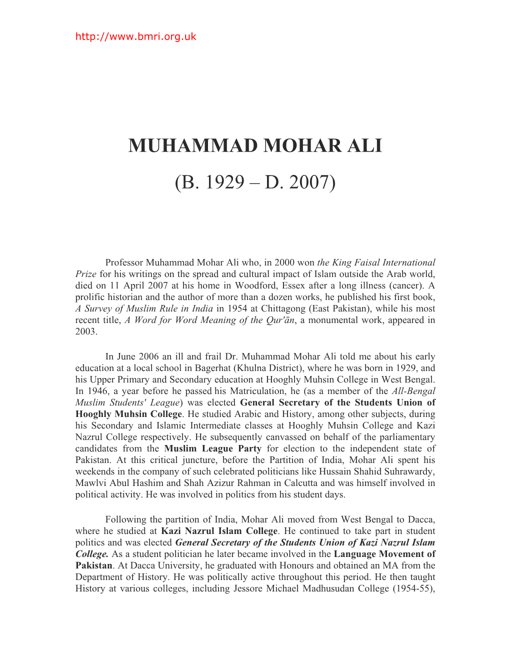 Muhammad Mohar Ali (B. 1929 – D. 2007)