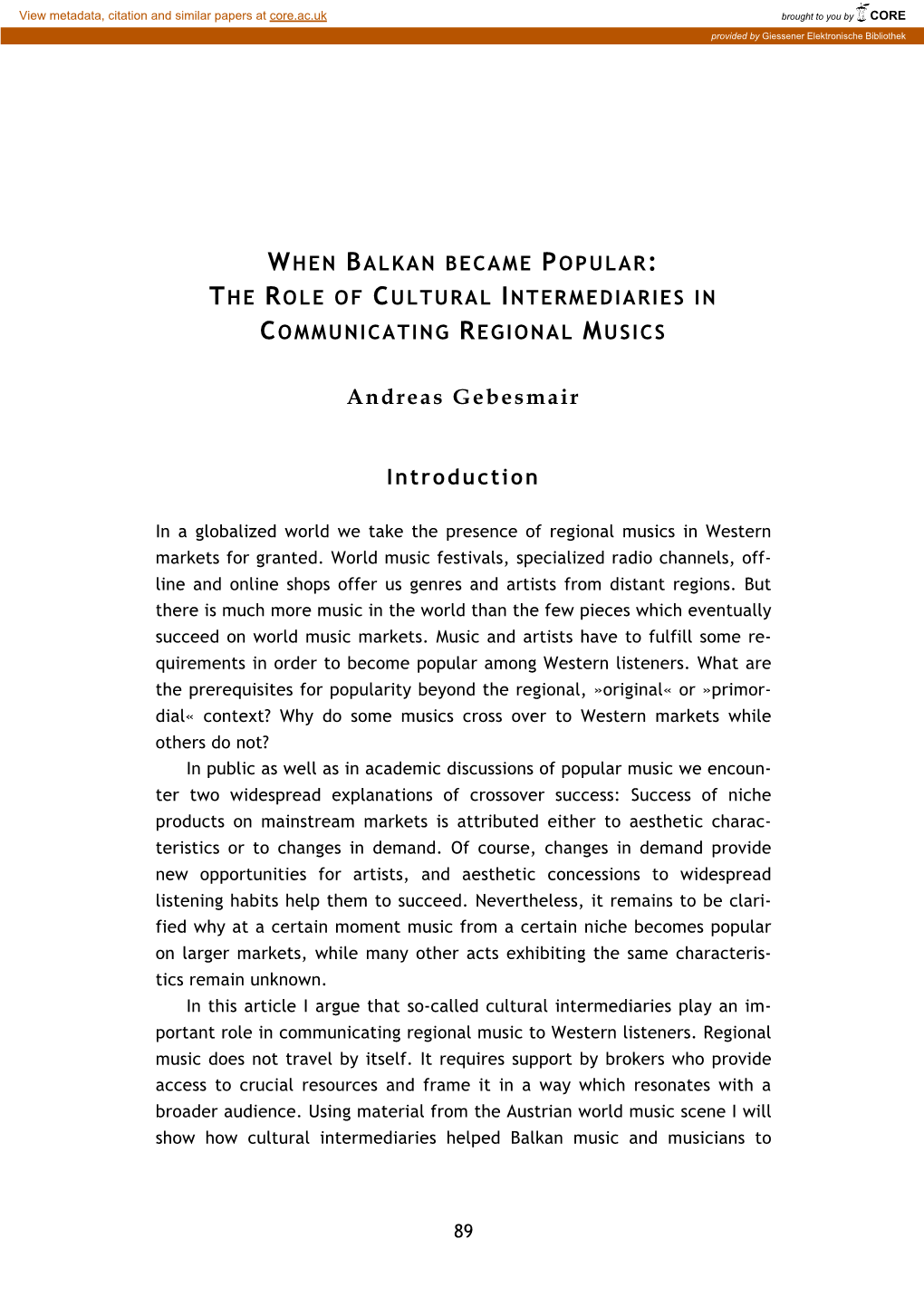 The Role of Cultural Intermediaries in Communicating Regional Musics