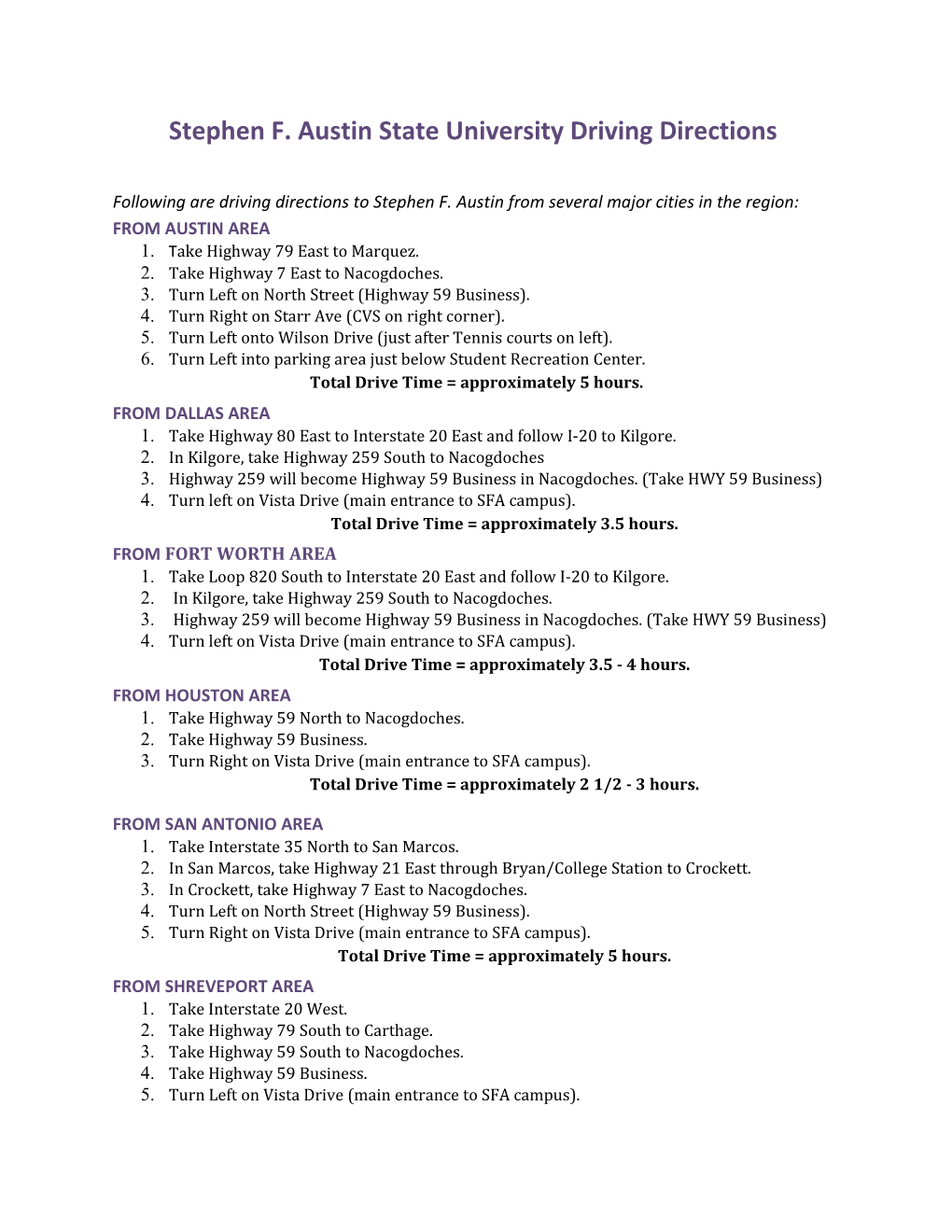 Stephen F. Austin State University Driving Directions