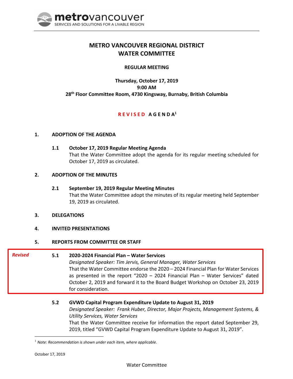 Water Committee Meeting Agenda