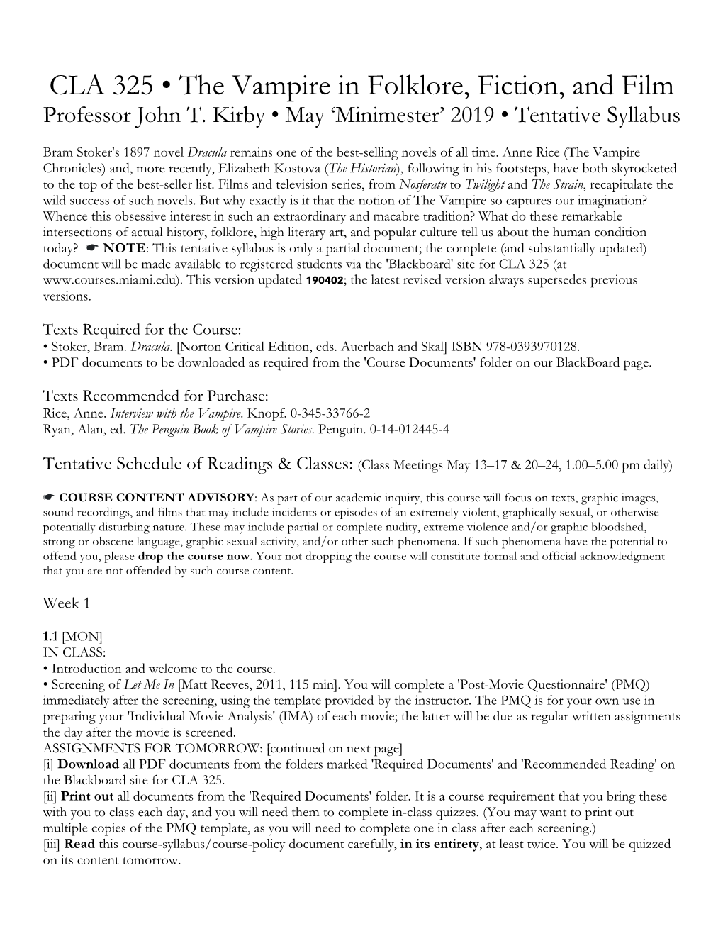 CLA 325 • the Vampire in Folklore, Fiction, and Film Professor John T