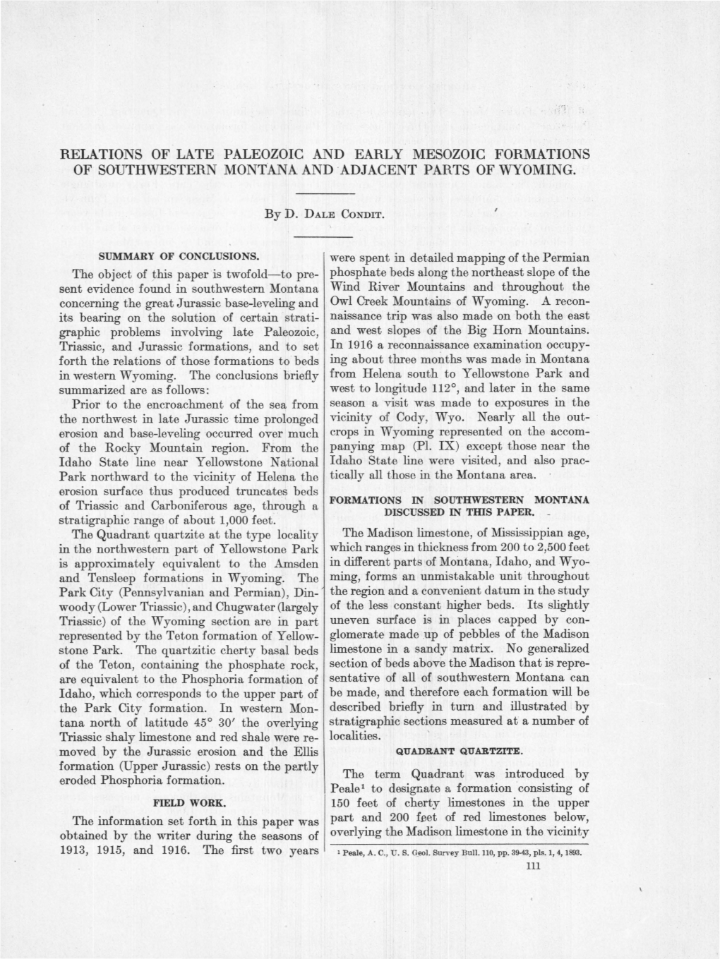 Relations of Late Paleozoic and Early Mesozoic Formations of Southwestern Montana and Adjacent Parts of Wyoming