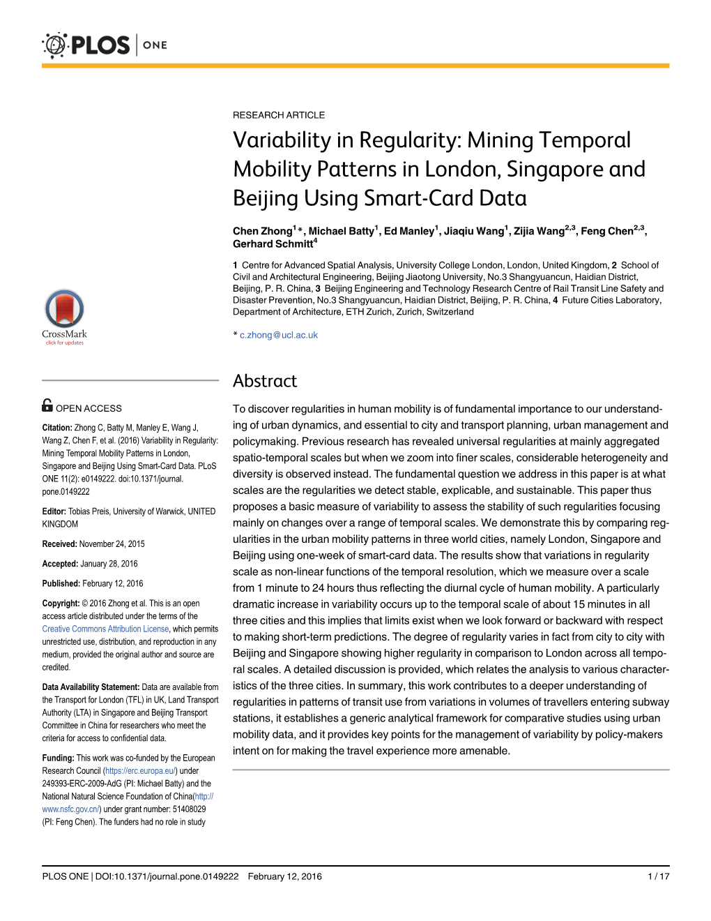 Variability in Regularity: Mining Temporal Mobility Patterns in London, Singapore and Beijing Using Smart-Card Data