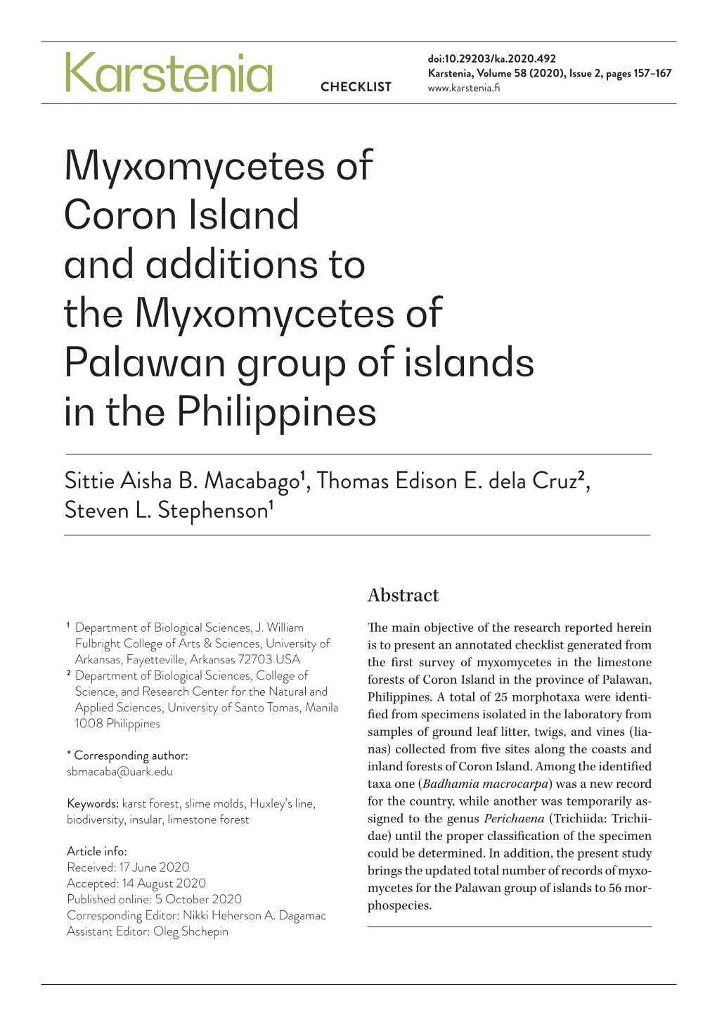 Myxomycetes of Coron Island and Additions to the Myxomycetes of Palawan Group of Islands in the Philippines