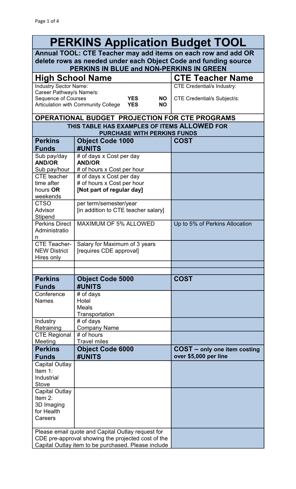 PERKINS Application Budget TOOL