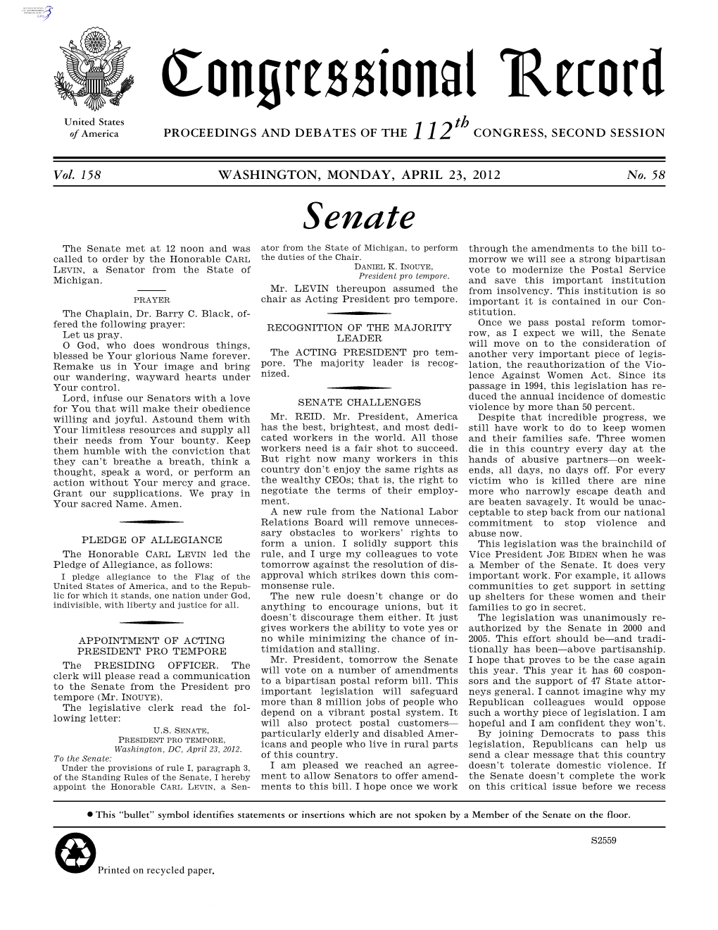 Congressional Record United States Th of America PROCEEDINGS and DEBATES of the 112 CONGRESS, SECOND SESSION