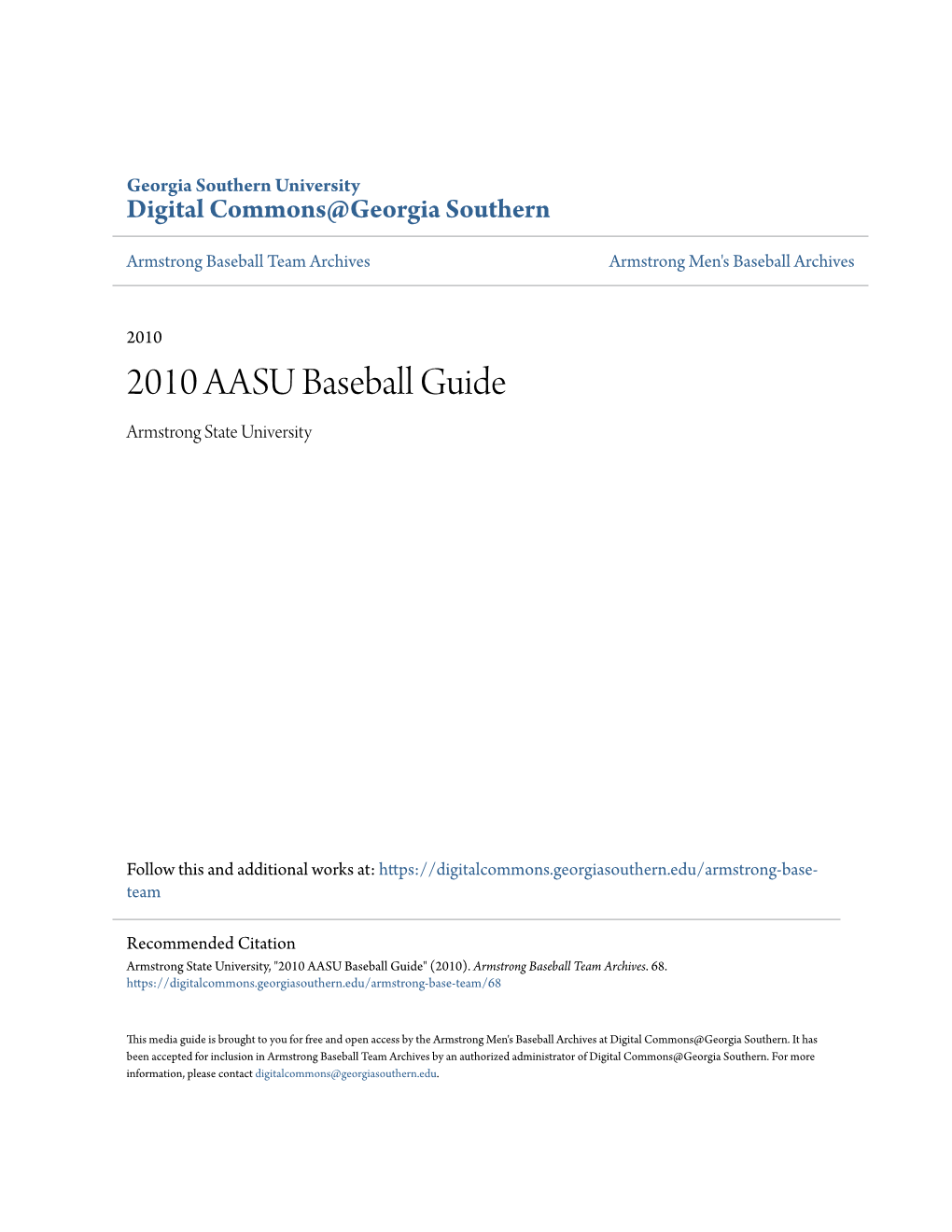 2010 AASU Baseball Guide Armstrong State University
