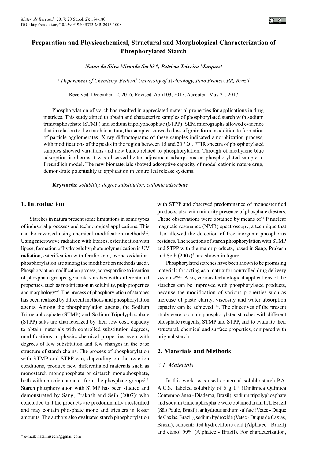 Preparation and Physicochemical, Structural and Morphological Characterization of Phosphorylated Starch 1. Introduction 2. Mater