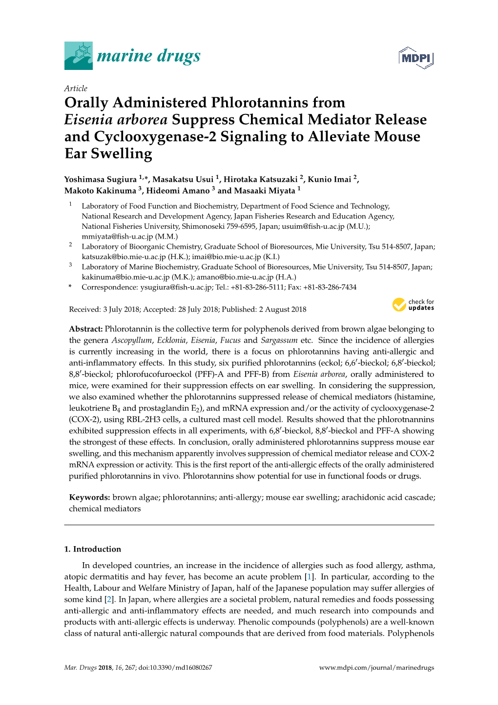 Orally Administered Phlorotannins from Eisenia Arborea Suppress Chemical Mediator Release and Cyclooxygenase-2 Signaling to Alleviate Mouse Ear Swelling