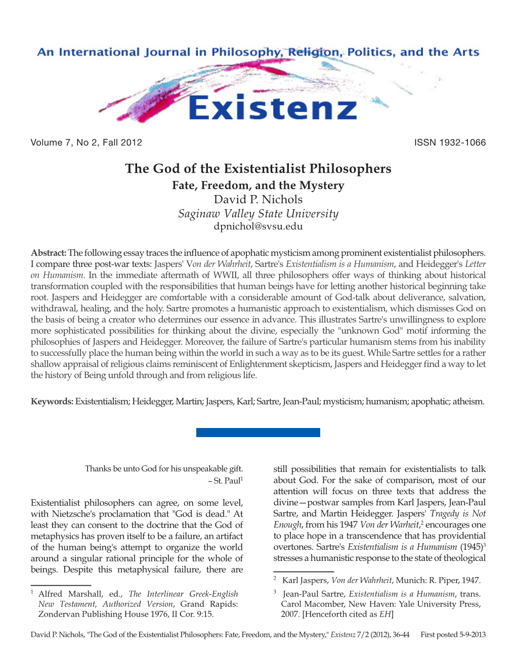 The God of the Existentialist Philosophers Fate, Freedom, and the Mystery David P