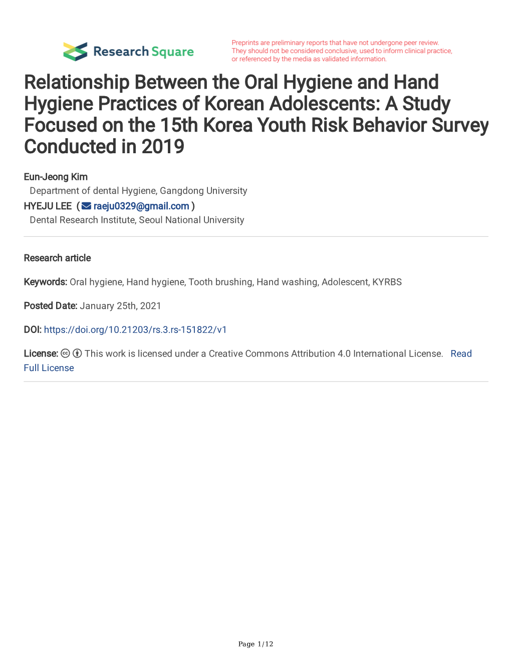 Relationship Between the Oral Hygiene and Hand Hygiene Practices of Korean Adolescents: a Study Focused on the 15Th Korea Youth Risk Behavior Survey Conducted in 2019