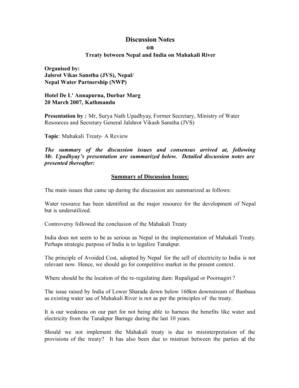 Discussionnoteson Mahakali Treaty Updated