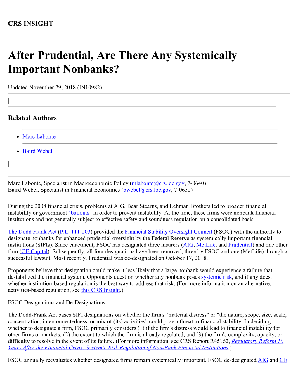 After Prudential, Are There Any Systemically Important Nonbanks?