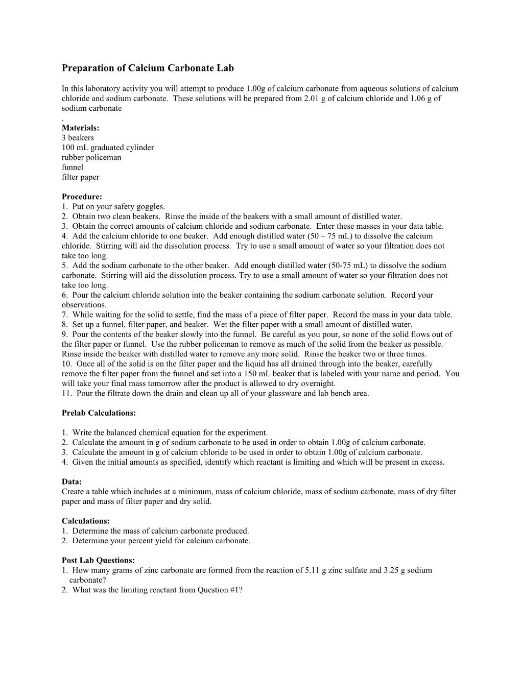 Preparation of Calcium Carbonate Lab