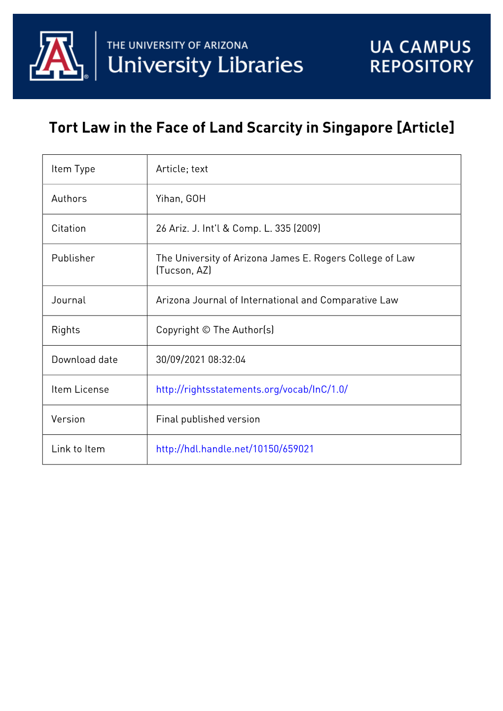 Tort Law in the Face of Land Scarcity in Singapore [Article]