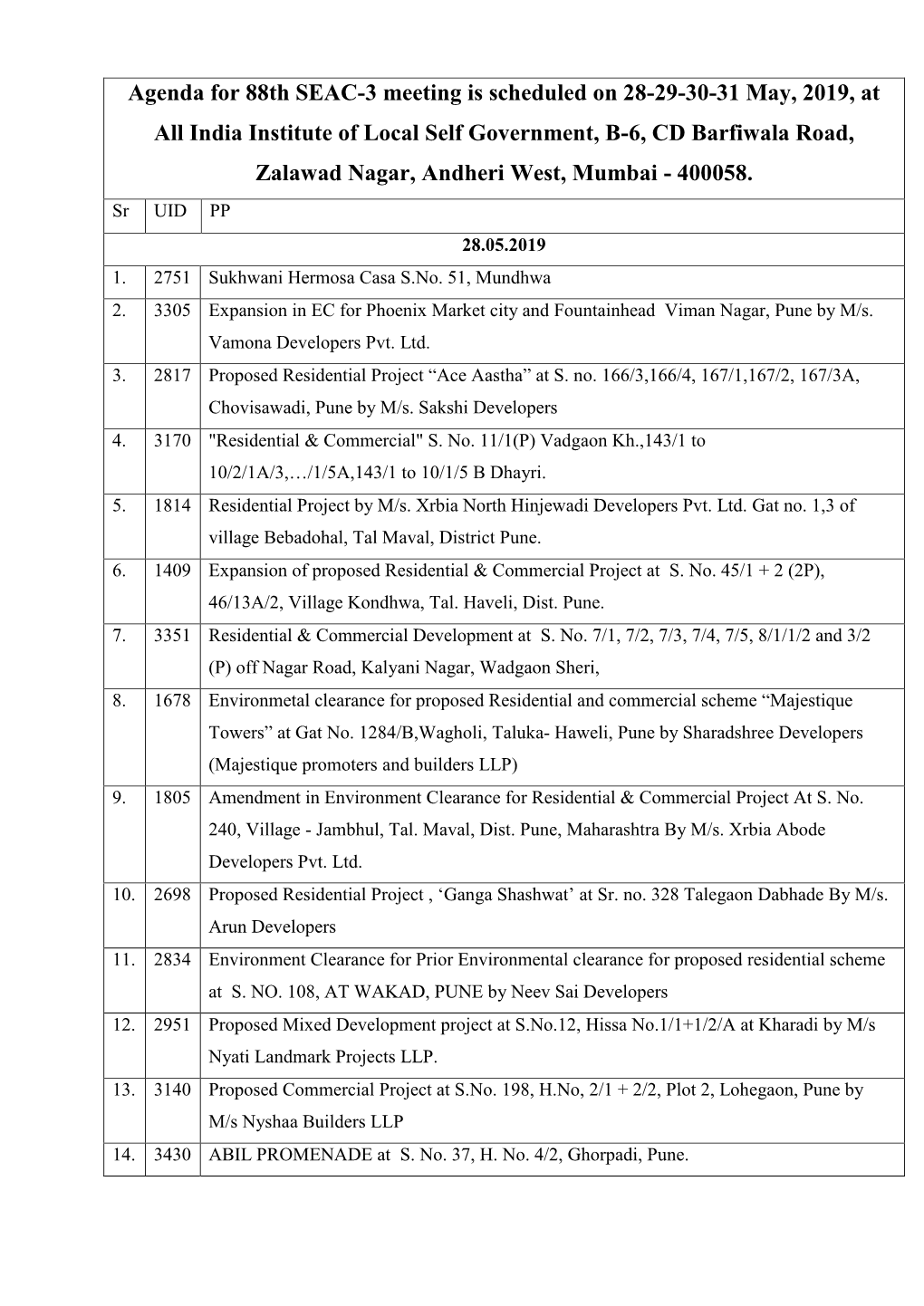 Agenda for 88Th SEAC-3 Meeting Is Scheduled on 28-29-30-31 May, 2019, at All India Institute of Local Self Government, B-6, CD Barfiwala Road